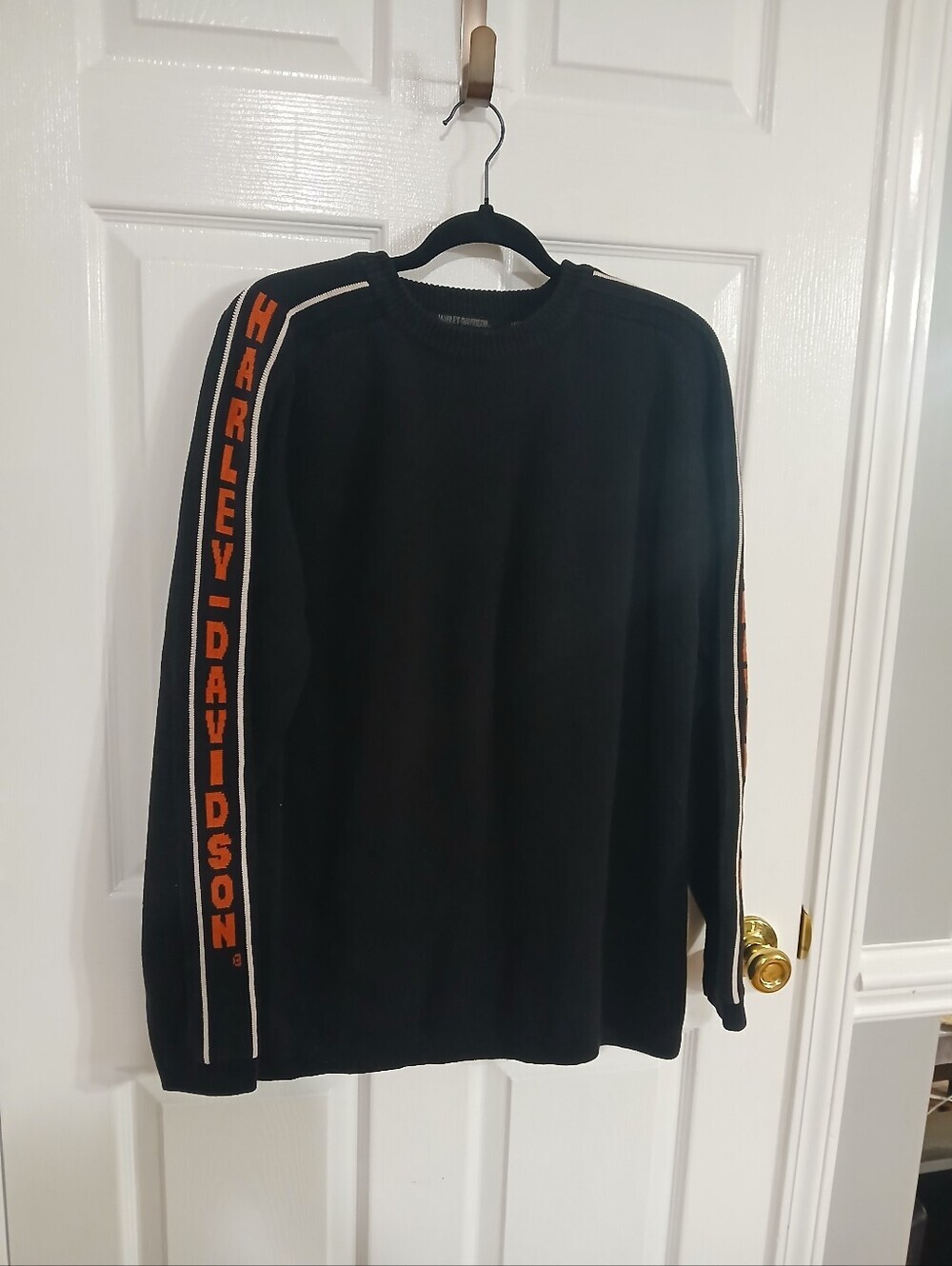 Harley-Davidson Black Knit Sweater with Orange Sleeve Text Vintage Rock Grunge
